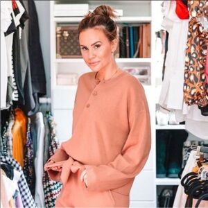 LADYGANG Send Nudes Henley Ribbed Knit Brick Red Longsleeve Cozy Top Shirt